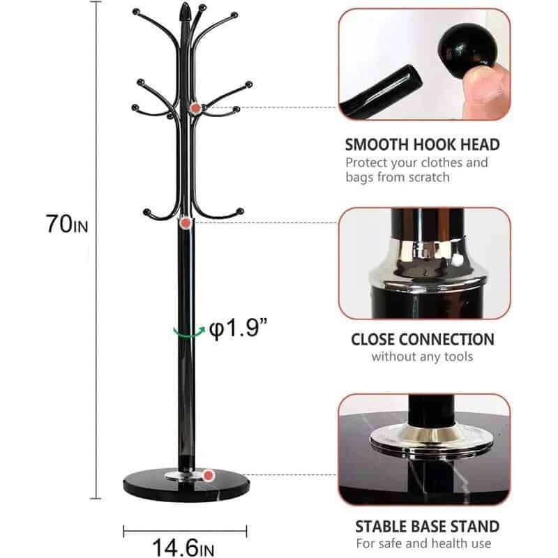 High-quality black metal coat stand with multiple hooks.