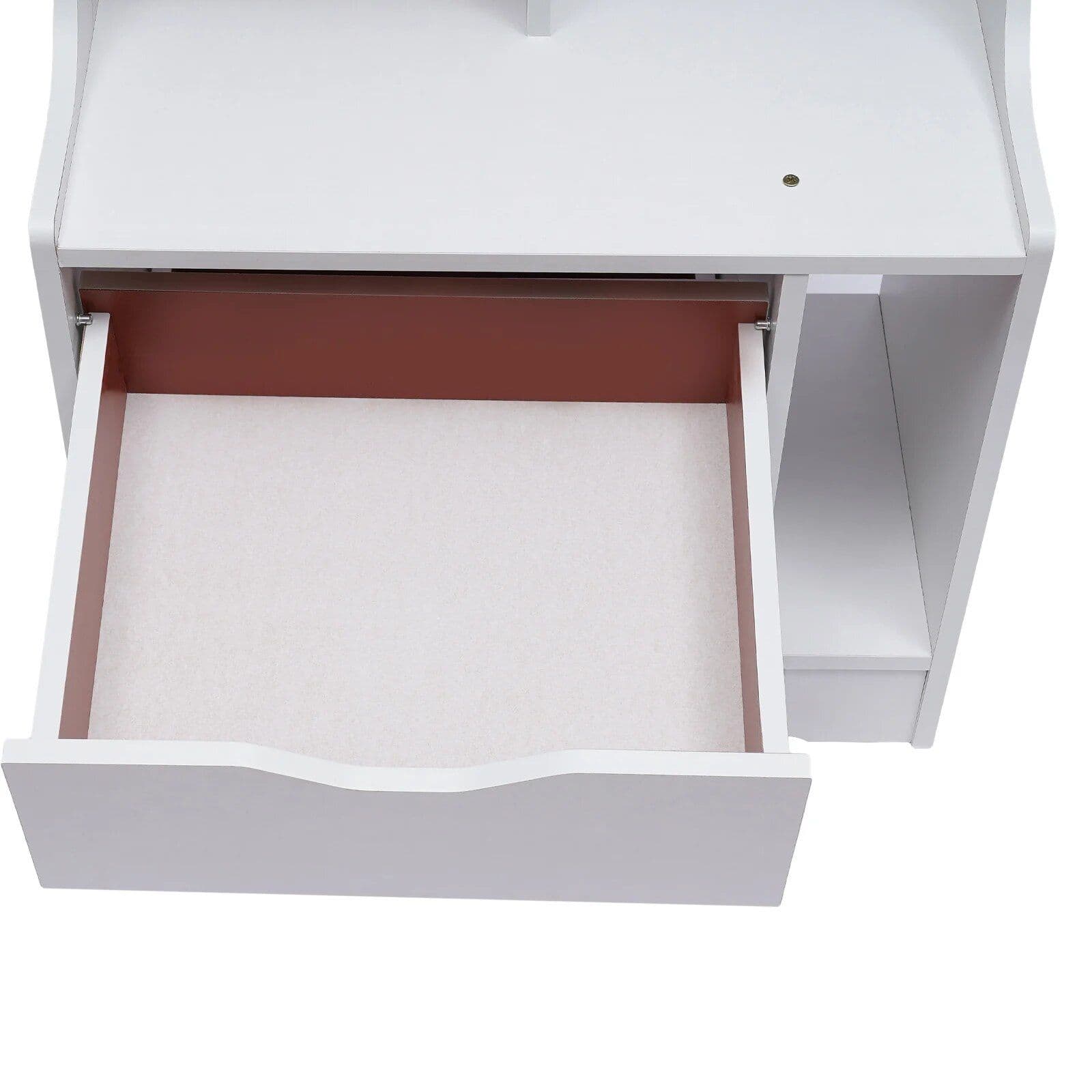 Efficient white drawer storage for opticians, perfect for organizing eyeglasses and optical accessories with a soft pink interior for a stylish look.