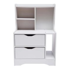 A sleek, white optometry storage cabinet featuring multiple drawers and open compartments, ideal for organizing glasses, tools, and supplies in an optometry clinic or medical office, combining functionality with modern design.
