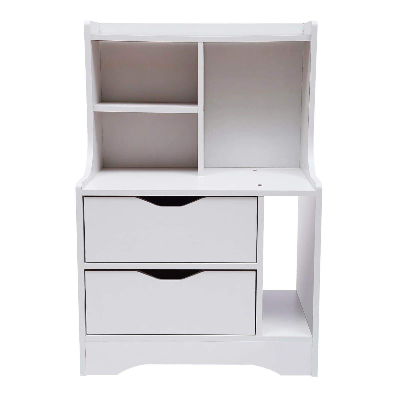A sleek, white optometry storage cabinet featuring multiple drawers and open compartments, ideal for organizing glasses, tools, and supplies in an optometry clinic or medical office, combining functionality with modern design.