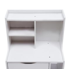 Clean, sleek white optometry exam table with storage shelves for ophthalmology and optometry practices. Designed for comfortable patient assessments and efficient eye exam procedures.