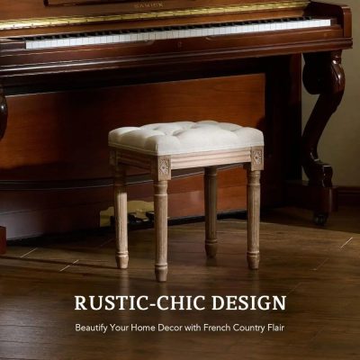 Charming vintage piano bench featuring a cushioned seat, wooden frame, and French country design, perfect for adding rustic charm to your home decor or music room setup.