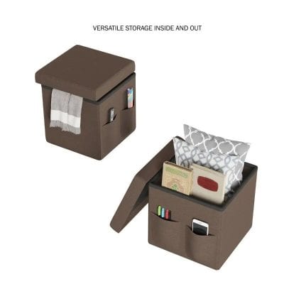 Durable brown ottoman with versatile interior storage for glasses, accessories, and personal items. Perfect for opticians and eyewear shops to organize tools and client essentials effortlessly.