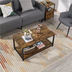 Stylish wooden coffee table with black metal frame, perfect for modern home decor, living room, and accent furniture. Durable and elegant design enhances any space, offering storage and style.