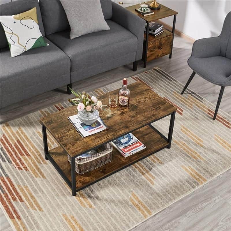 Stylish wooden coffee table with black metal frame, perfect for modern home decor, living room, and accent furniture. Durable and elegant design enhances any space, offering storage and style.