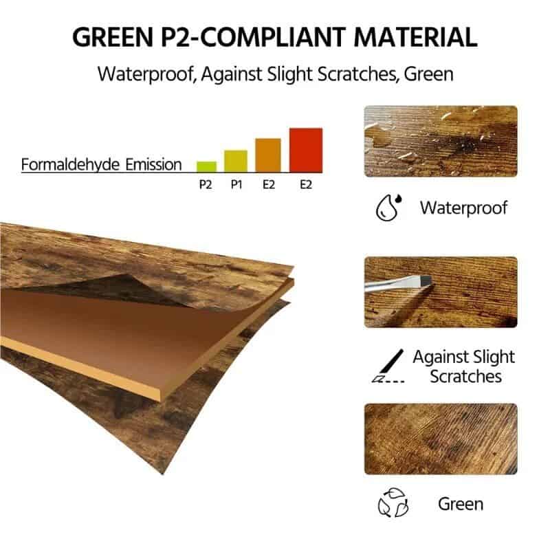 Durable waterproof wooden flooring with green P2-compliant material, resistant to slight scratches, ideal for stylish, sustainable interior design.