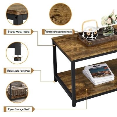 Elegant industrial style coffee table with sturdy metal frame and vintage wood surface, featuring adjustable foot pads and open storage shelf, perfect for living room decor.