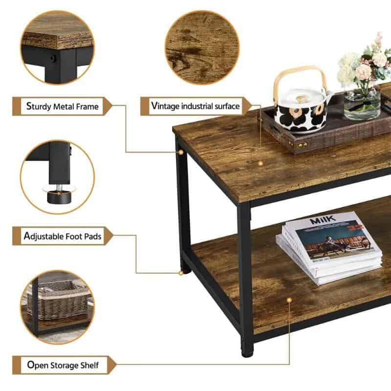 Elegant industrial style coffee table with sturdy metal frame and vintage wood surface, featuring adjustable foot pads and open storage shelf, perfect for living room decor.