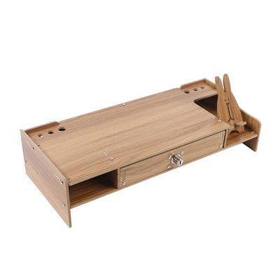 Optometry exam lane desk with adjustable height and storage compartments, ideal for vision clinics and eye care professionals. Durable natural wood finish for functional and professional use.