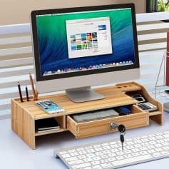 Stylish wooden computer desk with organized compartments, ideal for office work or study, featuring space for monitor, phone, stationery, and accessories for an efficient workspace.