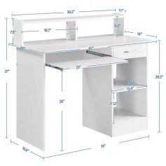 High-quality white optometry exam desk with adjustable shelves, ample storage, and precise dimensions perfect for eye care clinics and optical stores.