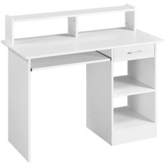 White multifunctional office desk with storage shelves, drawers, and adjustable space, ideal for home or professional workspace organization.