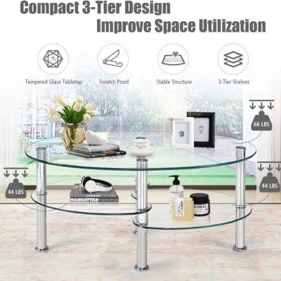 Stylish tempered glass table with 3-tier design for optimal space utilization.