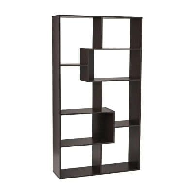 Stylish dark wood bookshelf for home or office storage and display, featuring multiple compartments for books, decor, and accessories. Perfect for organized living and workspace setups.