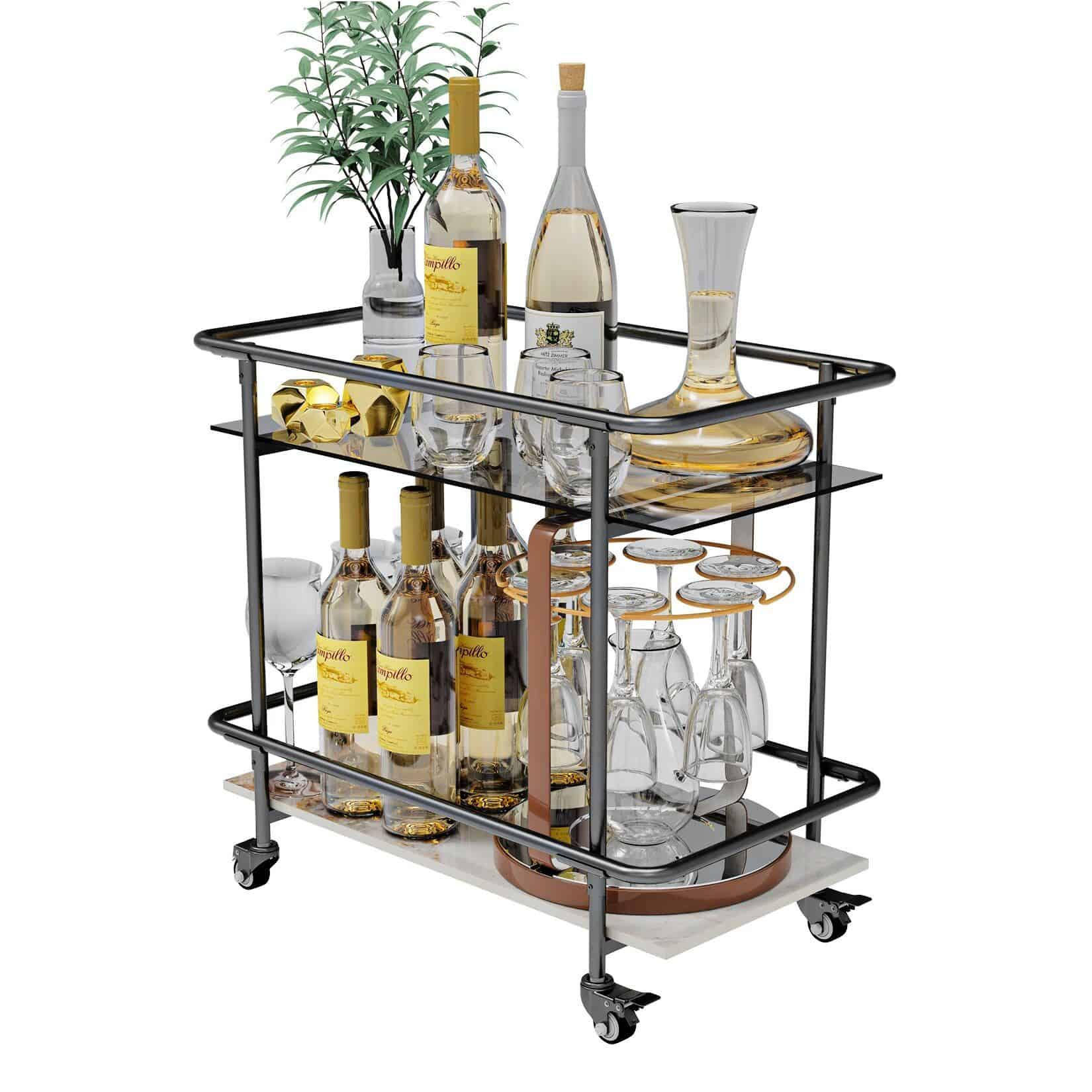Luxury bar cart with wine and spirit bottles, glassware, and decorative elements, designed for sophisticated home or commercial settings. Enhances any entertaining area.