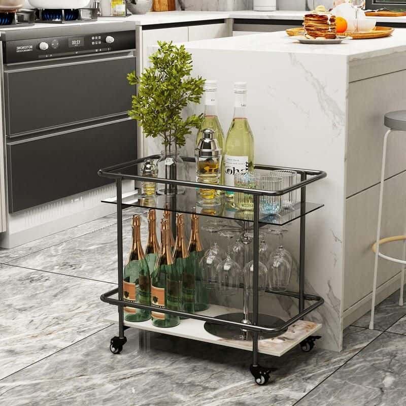 Stylish black metal wine cart with bottles, wine glasses, and decorative plants, ideal for home or bar settings. Adds sophistication and functionality to your entertainment area.