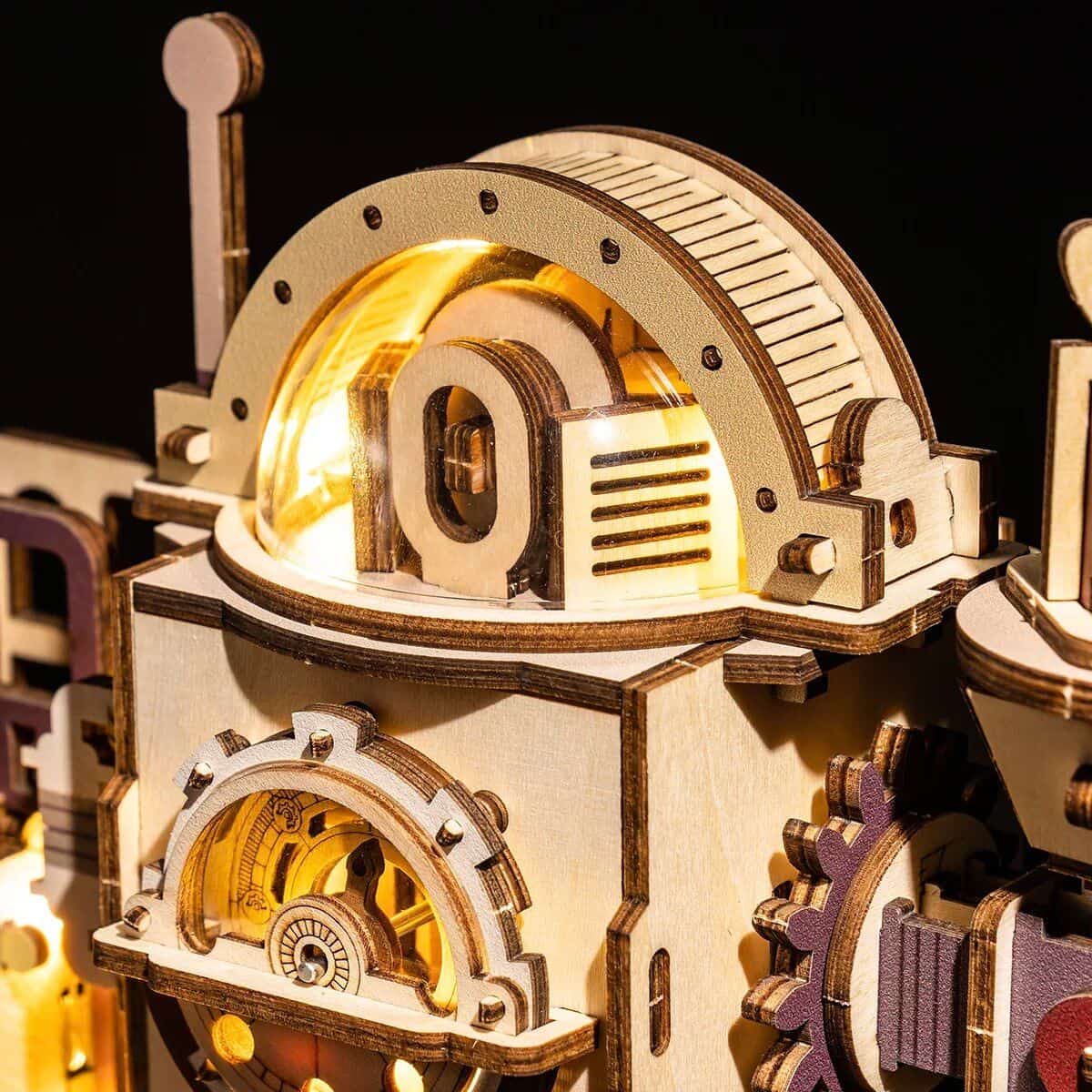 Detailed image of a wooden optical gear mechanism for advanced eye care equipment.