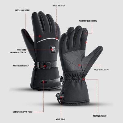 Heated winter gloves with touchscreen compatibility, waterproof breathable fabric, reflective strip, adjustable wrist strap, and wear-resistant PU for outdoor winter activities.