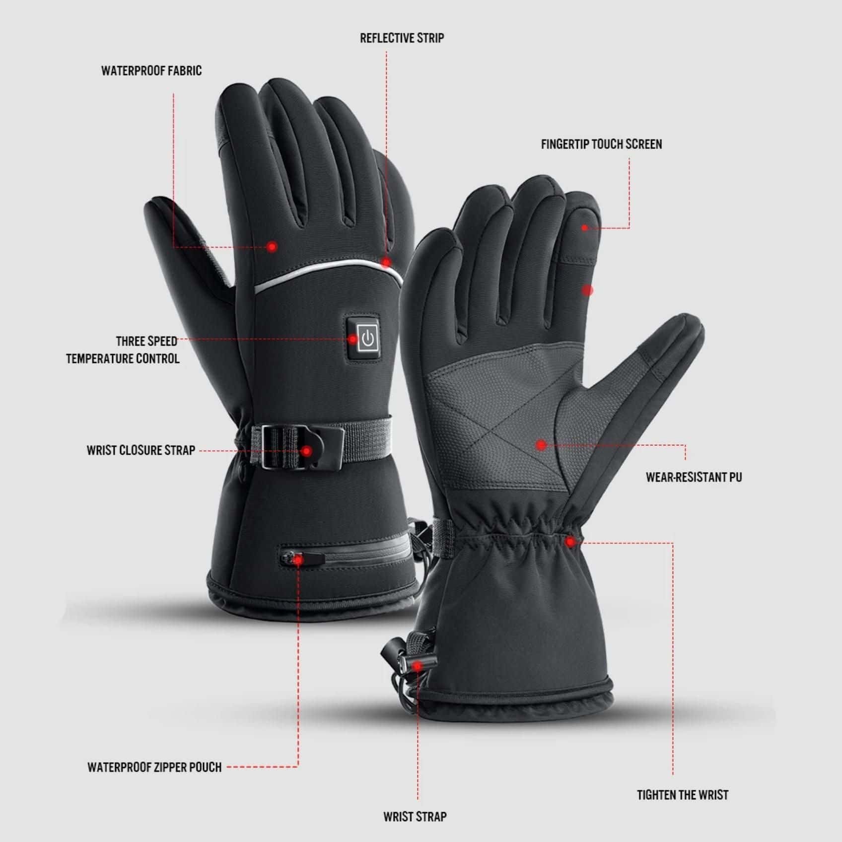 Heated winter gloves with touchscreen compatibility, waterproof breathable fabric, reflective strip, adjustable wrist strap, and wear-resistant PU for outdoor winter activities.