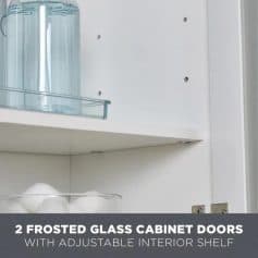 Optical storage solutions for eyeglasses and essentials. Modern frosted glass cabinet doors with adjustable interior shelf for organized eyewear storage. Ideal for optical clinics and stylish homes.