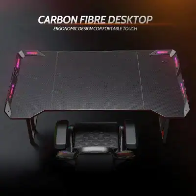 High-quality carbon fiber desktop gaming table with ergonomic design, LED accents, and sturdy construction for optimal gaming and work comfort.