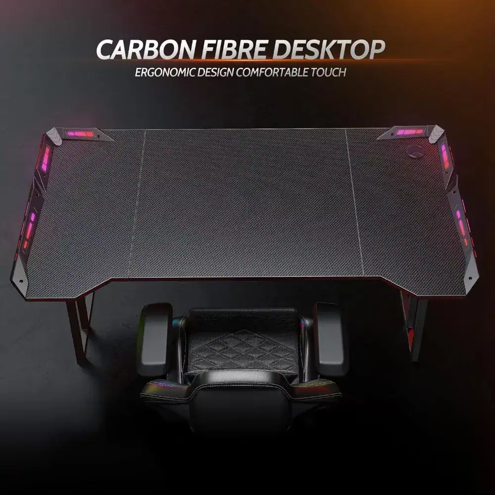 High-quality carbon fiber desktop gaming table with ergonomic design, LED accents, and sturdy construction for optimal gaming and work comfort.