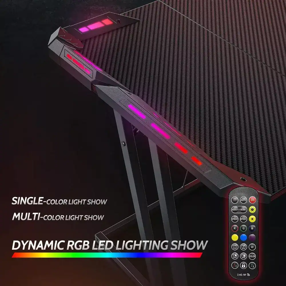 Flexible RGB LED lighting for gaming desks, with multi-color and single-color options, dynamic light shows, and remote control for customizable illumination and enhanced gaming experience.
