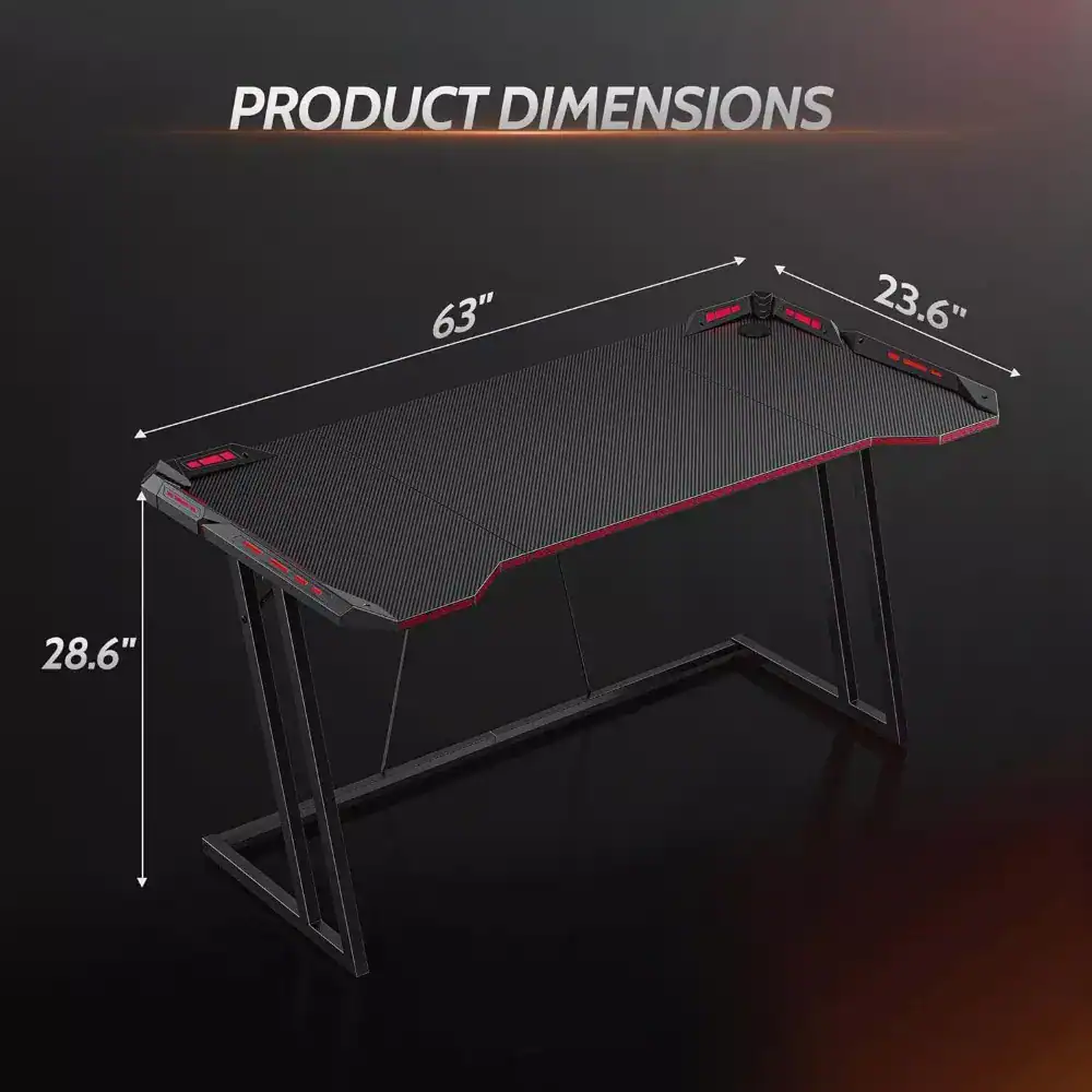 Durable gaming desk with dimensions 63"x23.6"x28.6", ergonomic design, sturdy steel frame, perfect for gamers, office work, and esports setup, providing ample space for equipment.