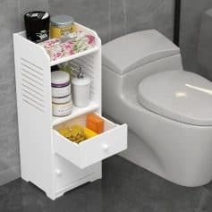 Small white bathroom storage cabinet with multiple shelves and a drawer for toiletries, towels, and bathroom accessories, perfect for home or clinic use.