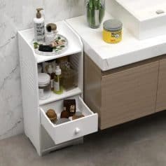 Compact storage for beauty, skincare, and cosmetic products in a minimalist bathroom setup. Perfect for organizing Monalisa Medical essentials efficiently.