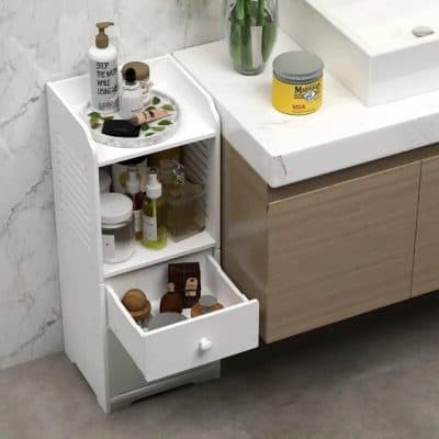 Compact storage for beauty, skincare, and cosmetic products in a minimalist bathroom setup. Perfect for organizing Monalisa Medical essentials efficiently.