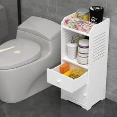 Bathroom storage shelf with toiletries and skincare products.
