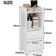Versatile white mini storage cabinet with drawers and shelves for bathroom or bedroom organization. Compact size perfect for skincare, makeup, and personal care items.