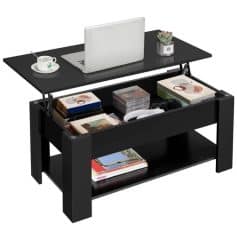 Stylish black desk with storage for opt store supplies, featuring a laptop, coffee cup, and decorative plant, perfect for creating a professional and organized optometry workspace.