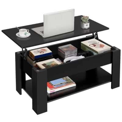 Stylish black desk with storage for opt store supplies, featuring a laptop, coffee cup, and decorative plant, perfect for creating a professional and organized optometry workspace.