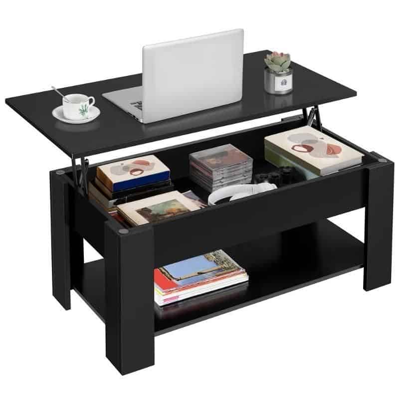 Stylish black desk with storage for opt store supplies, featuring a laptop, coffee cup, and decorative plant, perfect for creating a professional and organized optometry workspace.