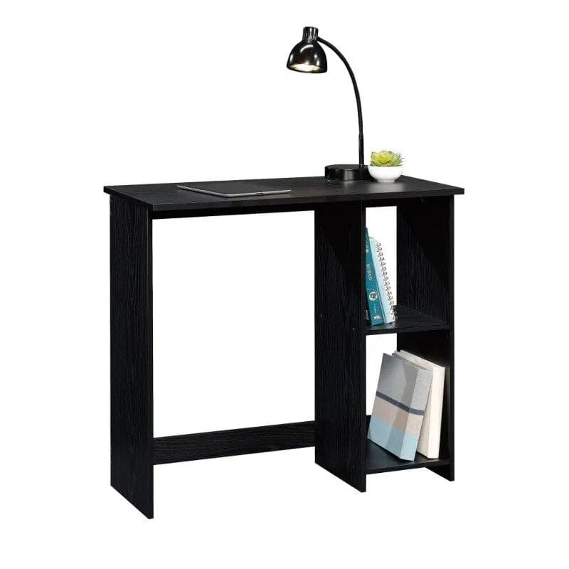 Minimalist black desk for home or office with built-in bookshelf and adjustable LED desk lamp for optimal workspace lighting.