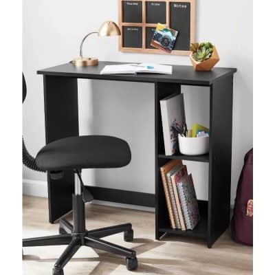 A sleek black desk ideal for optometry offices or study spaces, featuring a lamp, books, notebooks, and organized shelves for eyewear or supplies. Perfect for professional or personal use.