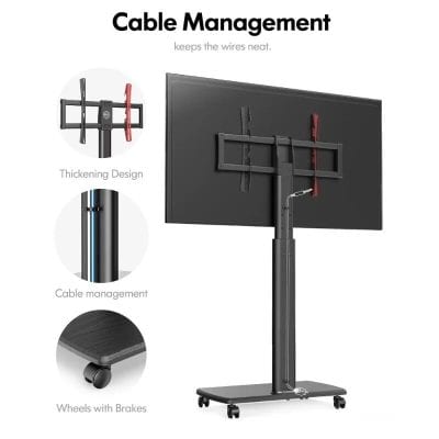 Durable monitor stand with cable management system and wheels with brakes, perfect for ergonomic workspace setup and organization.