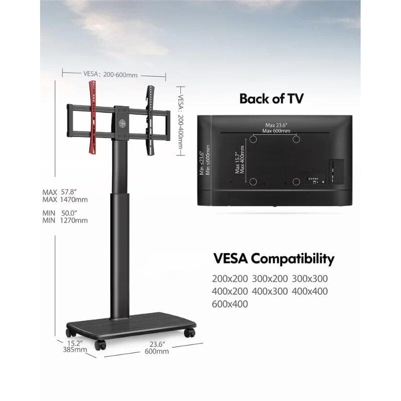 Adjustable VESA TV Mount Stand for Flat-Screen Televisions, Universal Compatibility, Mobile Base, & Mounting Brackets for Secure Installation.