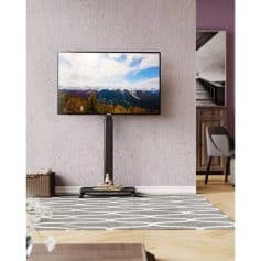 A sleek, height-adjustable TV stand supporting flat-screen TVs in contemporary living rooms, offering optimal viewing comfort and stylish organization for media equipment.