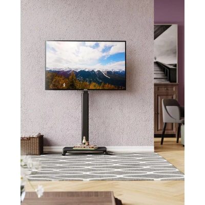 A sleek, height-adjustable TV stand supporting flat-screen TVs in contemporary living rooms, offering optimal viewing comfort and stylish organization for media equipment.