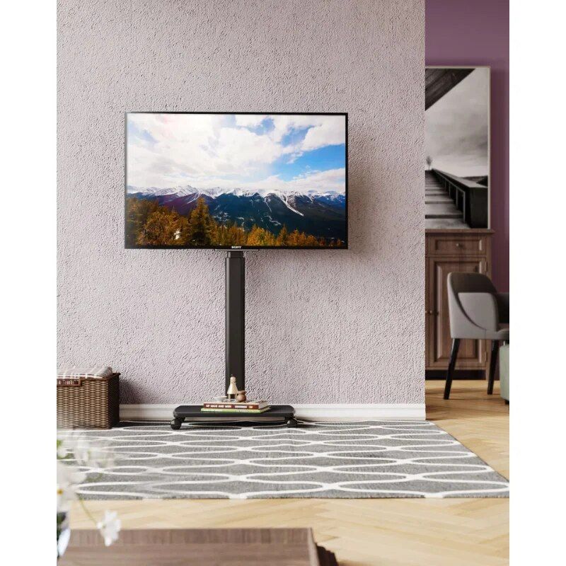 A sleek, height-adjustable TV stand supporting flat-screen TVs in contemporary living rooms, offering optimal viewing comfort and stylish organization for media equipment.