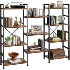 Stylish bookshelf with wooden shelves and black metal frame, ideal for displaying books, decor, and accessories in living rooms or offices.