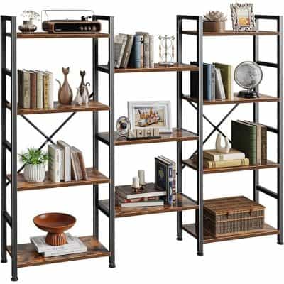 Stylish bookshelf with wooden shelves and black metal frame, ideal for displaying books, decor, and accessories in living rooms or offices.