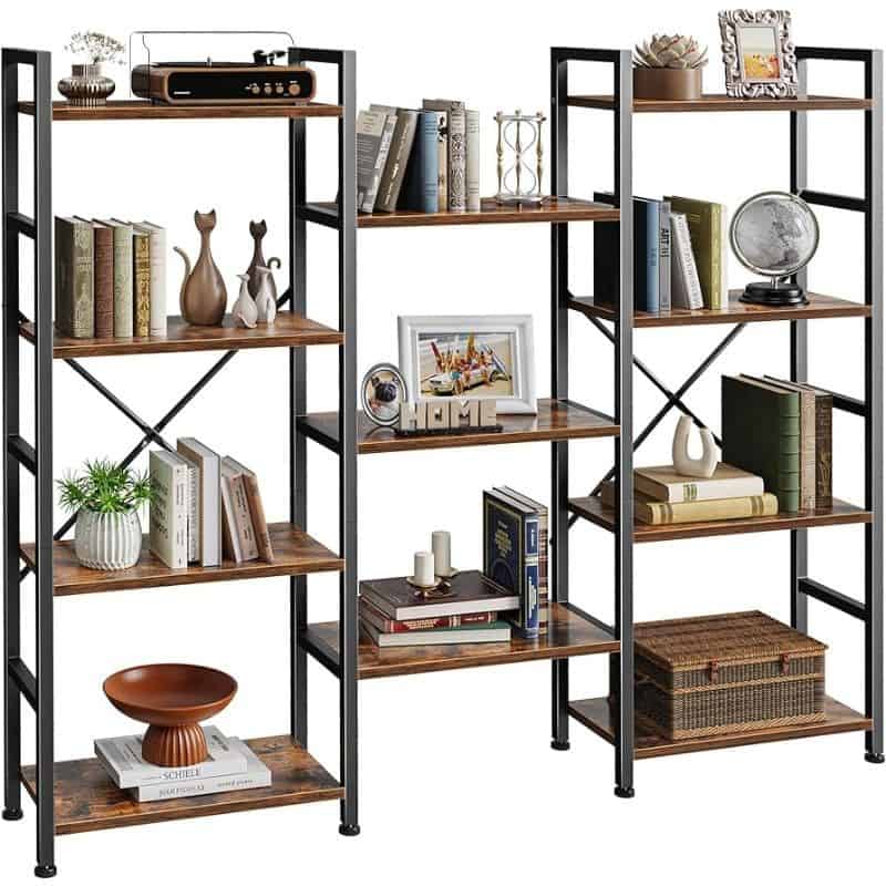 Stylish bookshelf with wooden shelves and black metal frame, ideal for displaying books, decor, and accessories in living rooms or offices.