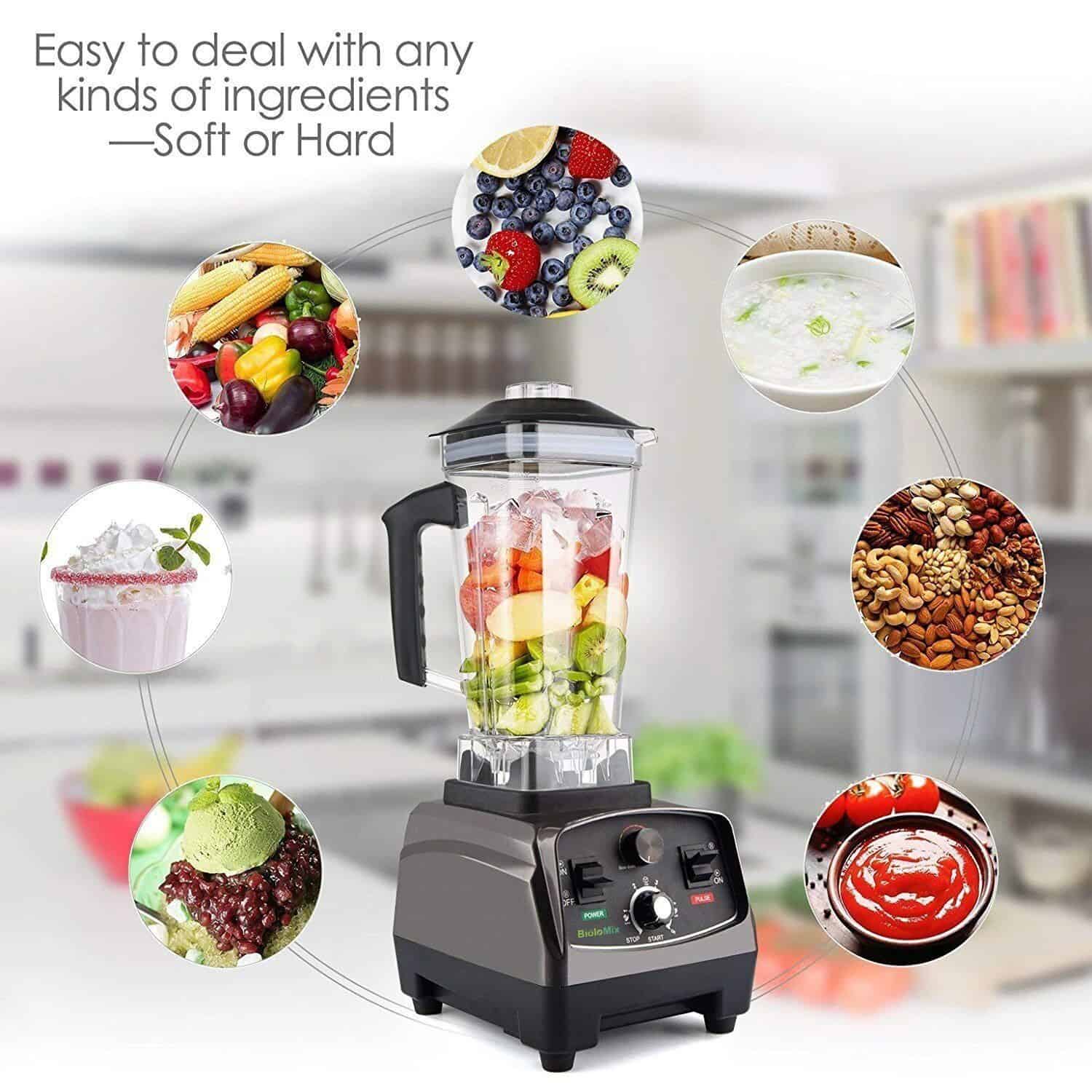 High-performance Vitamix blender blending fresh fruits and vegetables for smoothies in a modern kitchen.