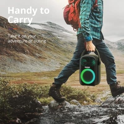 Portable water-resistant Bluetooth speaker with LED light, ideal for hiking, camping, and outdoor activities. Enhance your adventure with high-quality sound and rugged design.