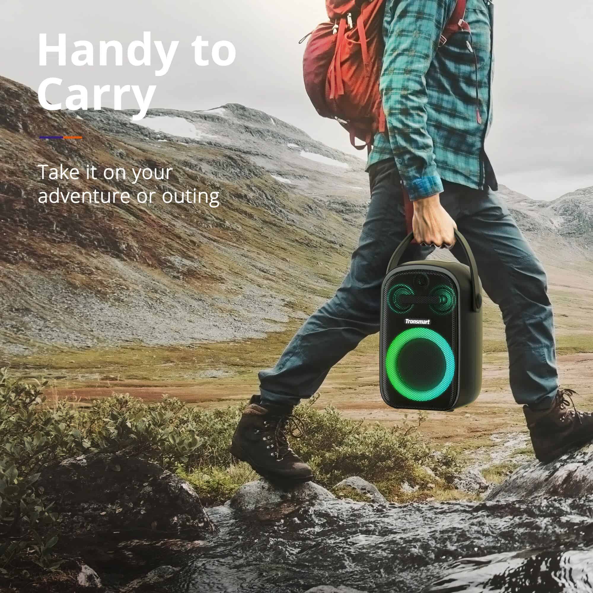 Portable water-resistant Bluetooth speaker with LED light, ideal for hiking, camping, and outdoor activities. Enhance your adventure with high-quality sound and rugged design.