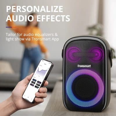 Portable speaker with customizable audio effects and LED light show, designed for audio enthusiasts and music lovers.